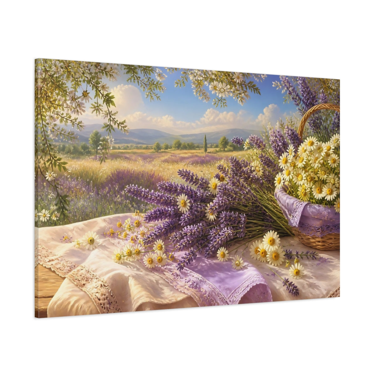 Side Mockup 1. Sunlit Lavender & Daisies shown as canvas print