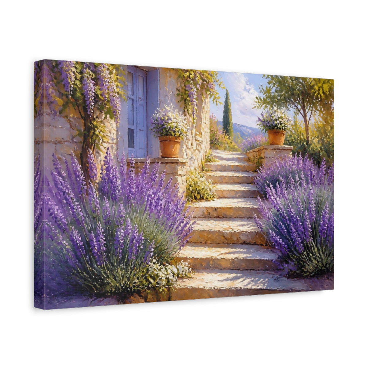 Side Mockup 4. Sunlit Lavender Steps shown as canvas print