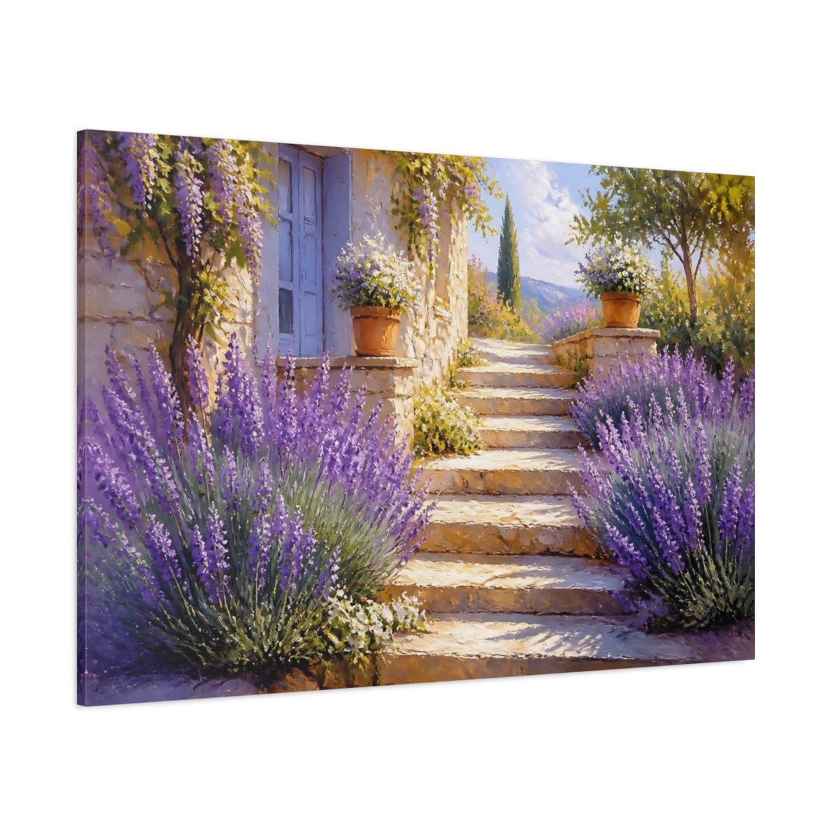 Side Mockup 1. Sunlit Lavender Steps shown as canvas print