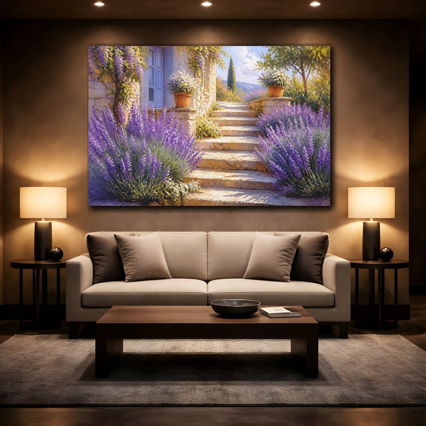 Mockup 2. Sunlit Lavender Steps shown as canvas print