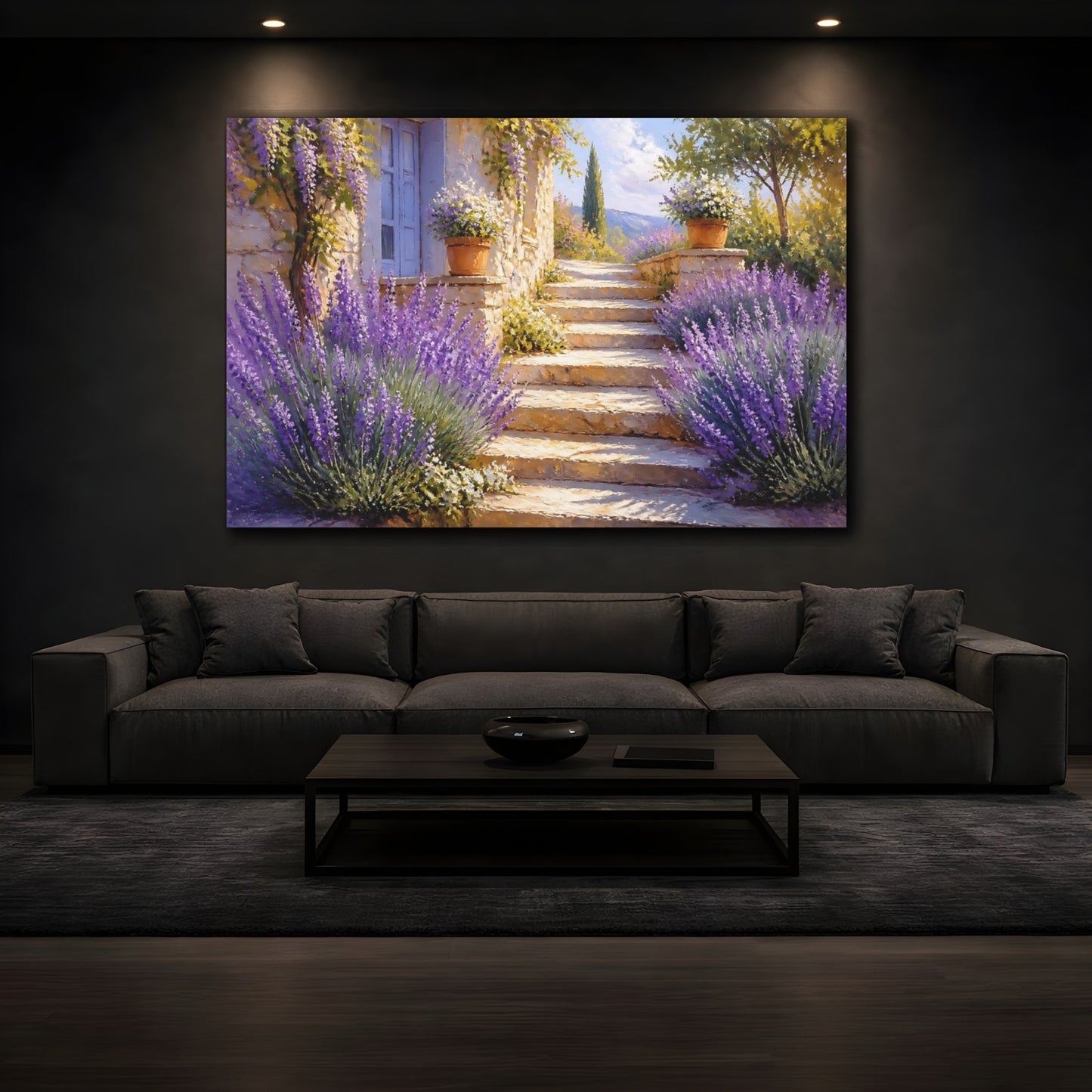 Mockup 3. Sunlit Lavender Steps shown as canvas print