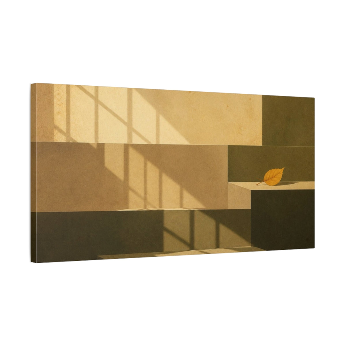 Side Mockup 1. Sunlit Leaf On Ledge shown as canvas print