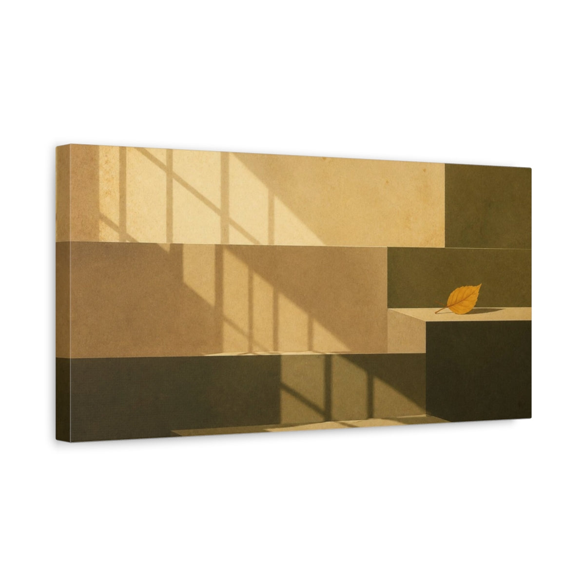 Side Mockup 3. Sunlit Leaf On Ledge shown as canvas print