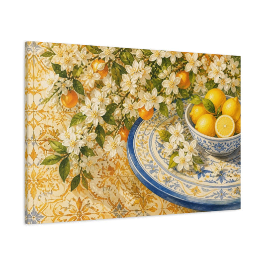 Main Mockup. Sunlit Lemon Blossom Bowl shown as canvas print