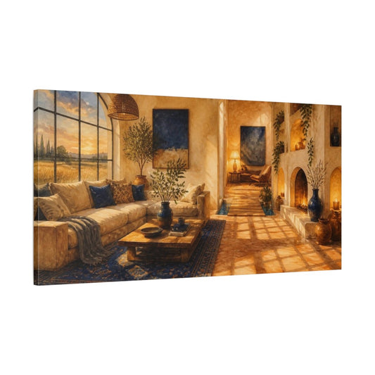 Sunlit Living Room Retreat Canvas Print – Above Sofa, Cream, Cocoa, Cobalt - YesArtYes