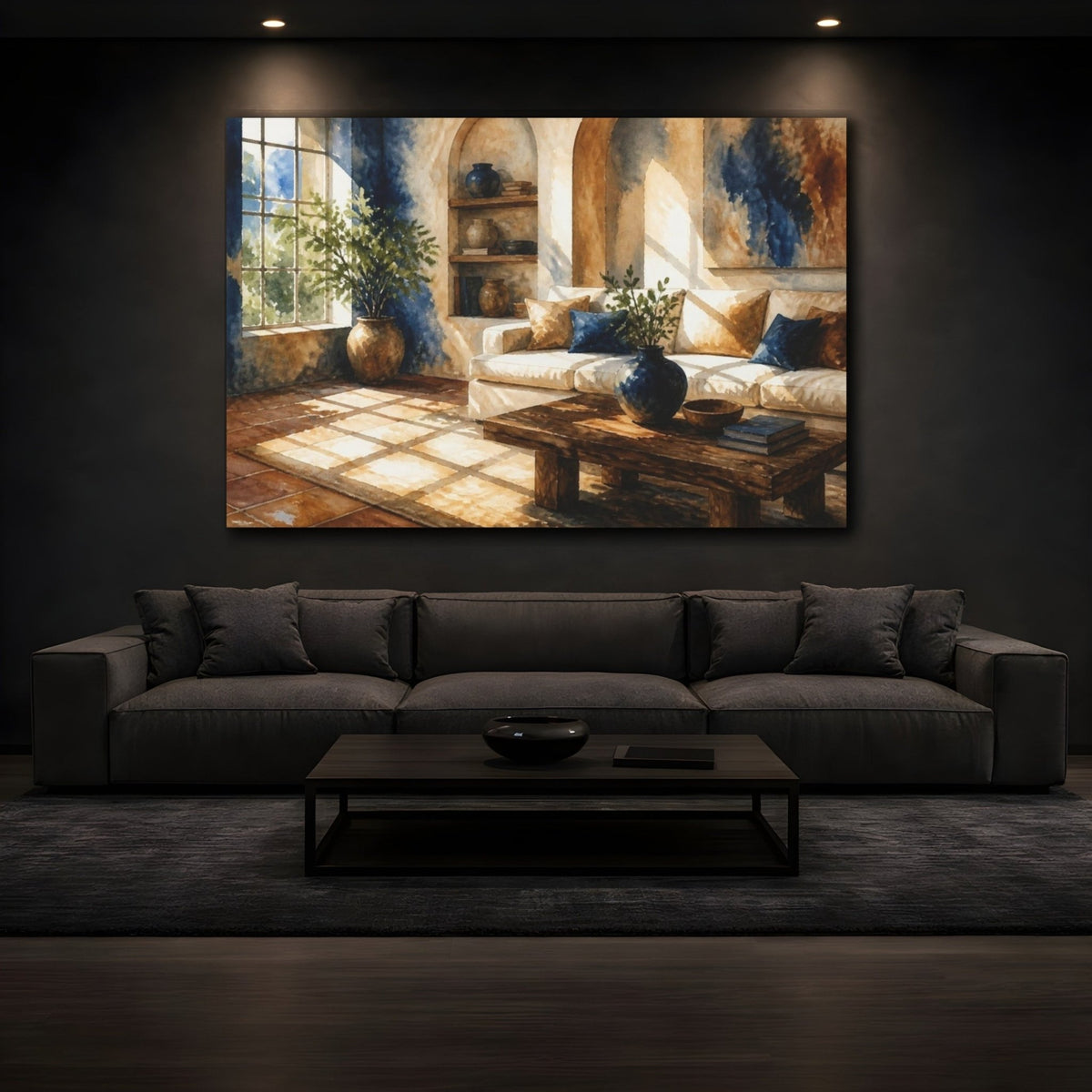 Sunlit Living Room Sofa Canvas Print – Above Couch, Cream, Cocoa & Cobalt - YesArtYes