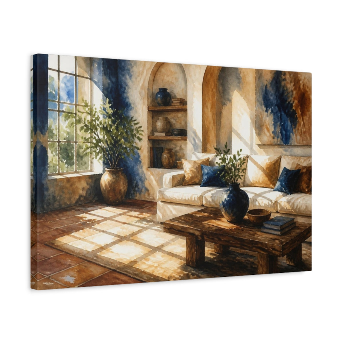 Side Mockup 3. Sunlit Living Room Sofa shown as canvas print