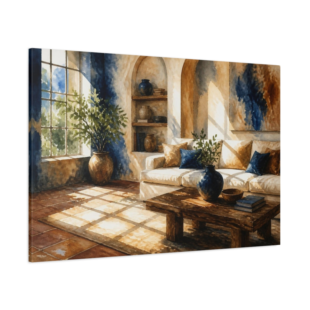 Side Mockup 1. Sunlit Living Room Sofa shown as canvas print