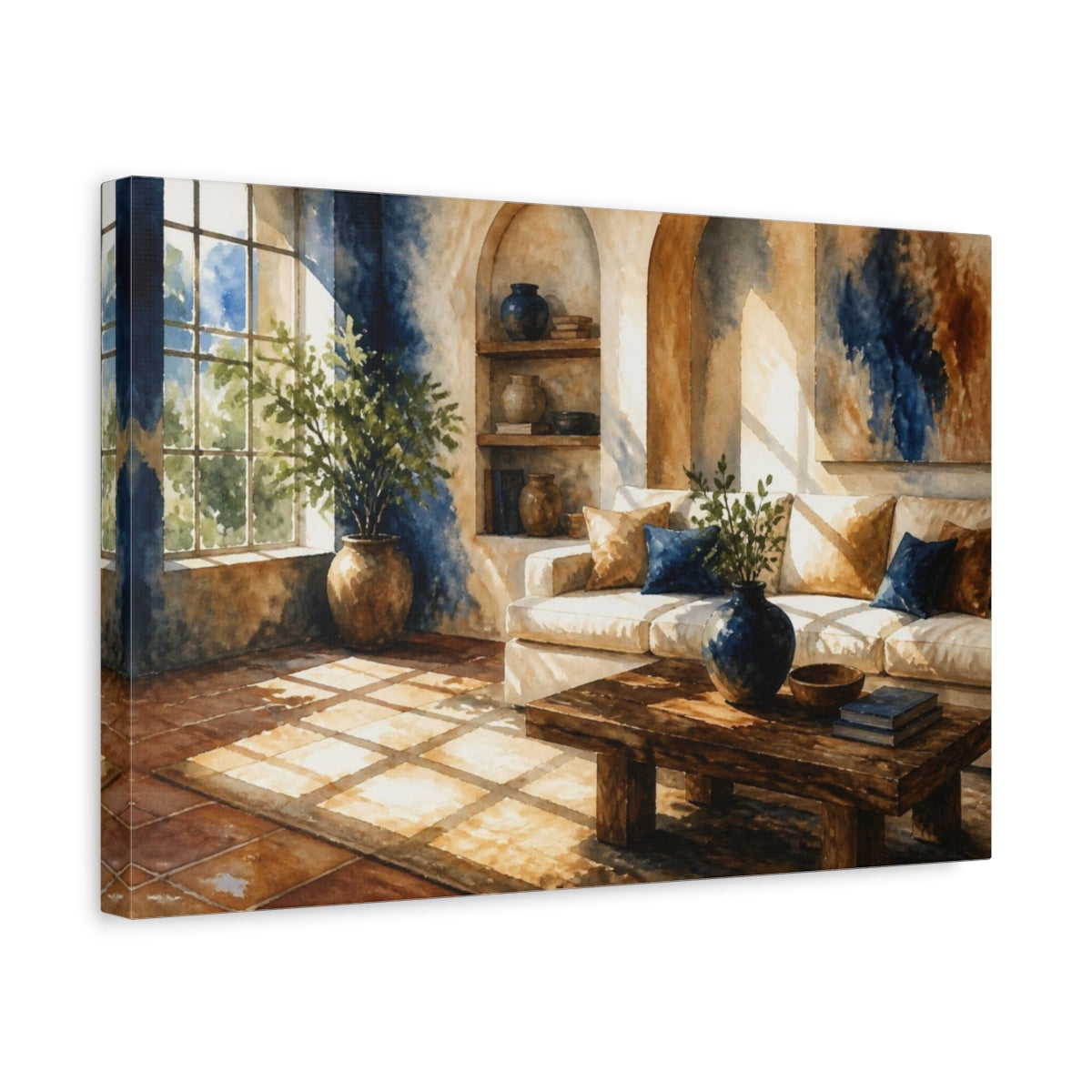Side Mockup 4. Sunlit Living Room Sofa shown as canvas print