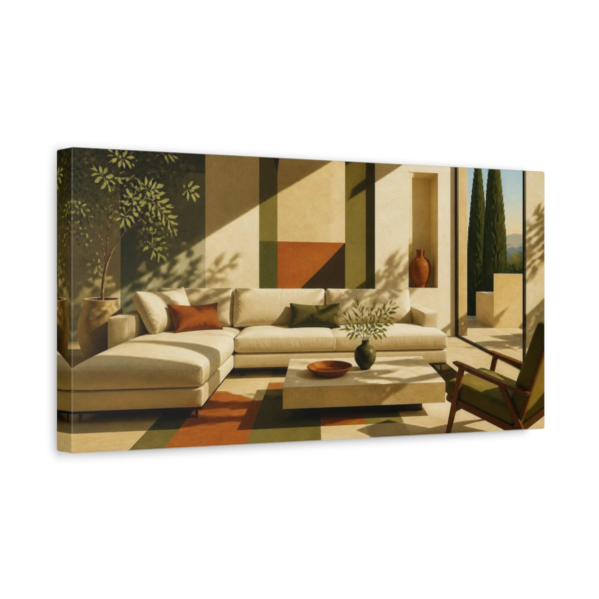 Side Mockup 3. Sunlit Living Room Sofa shown as canvas print