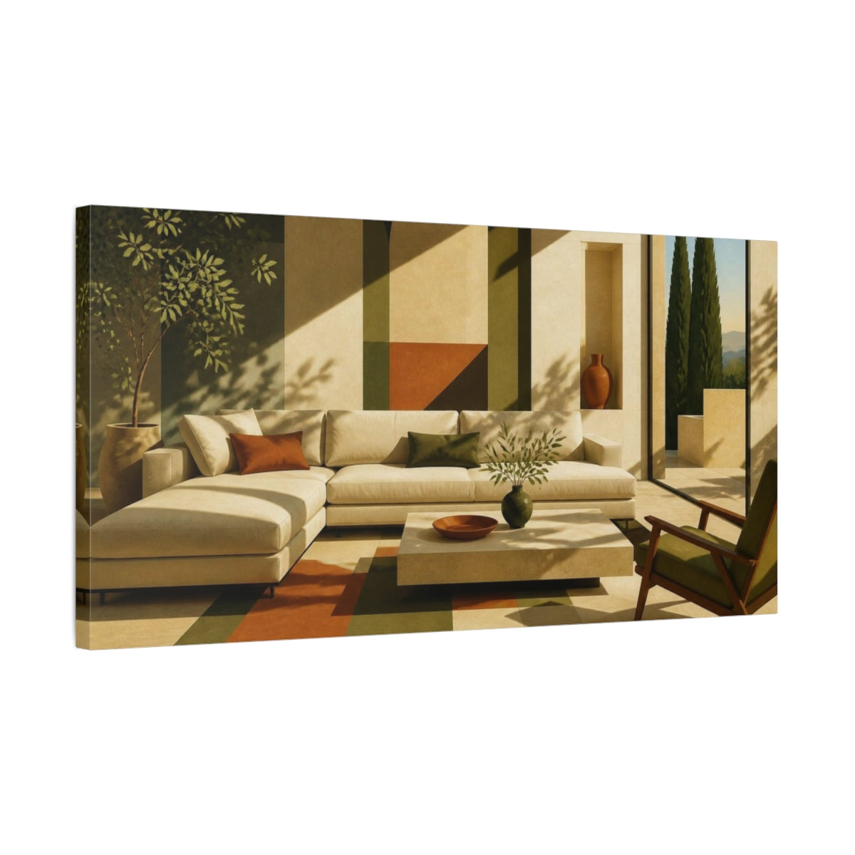 Side Mockup 1. Sunlit Living Room Sofa shown as canvas print