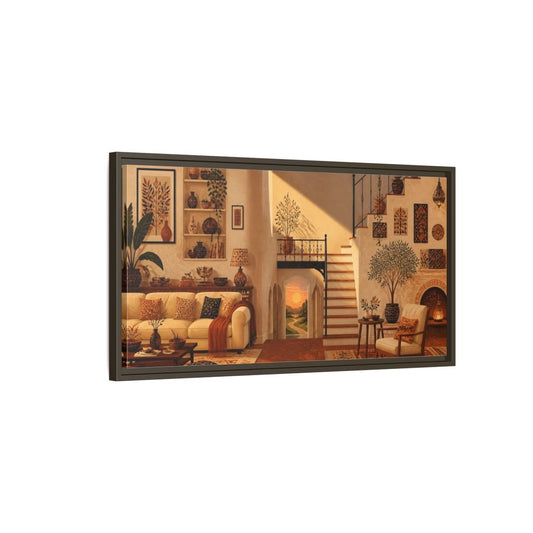 Sunlit Living Room Staircase Framed Canvas Print – Above Console Table - YesArtYes