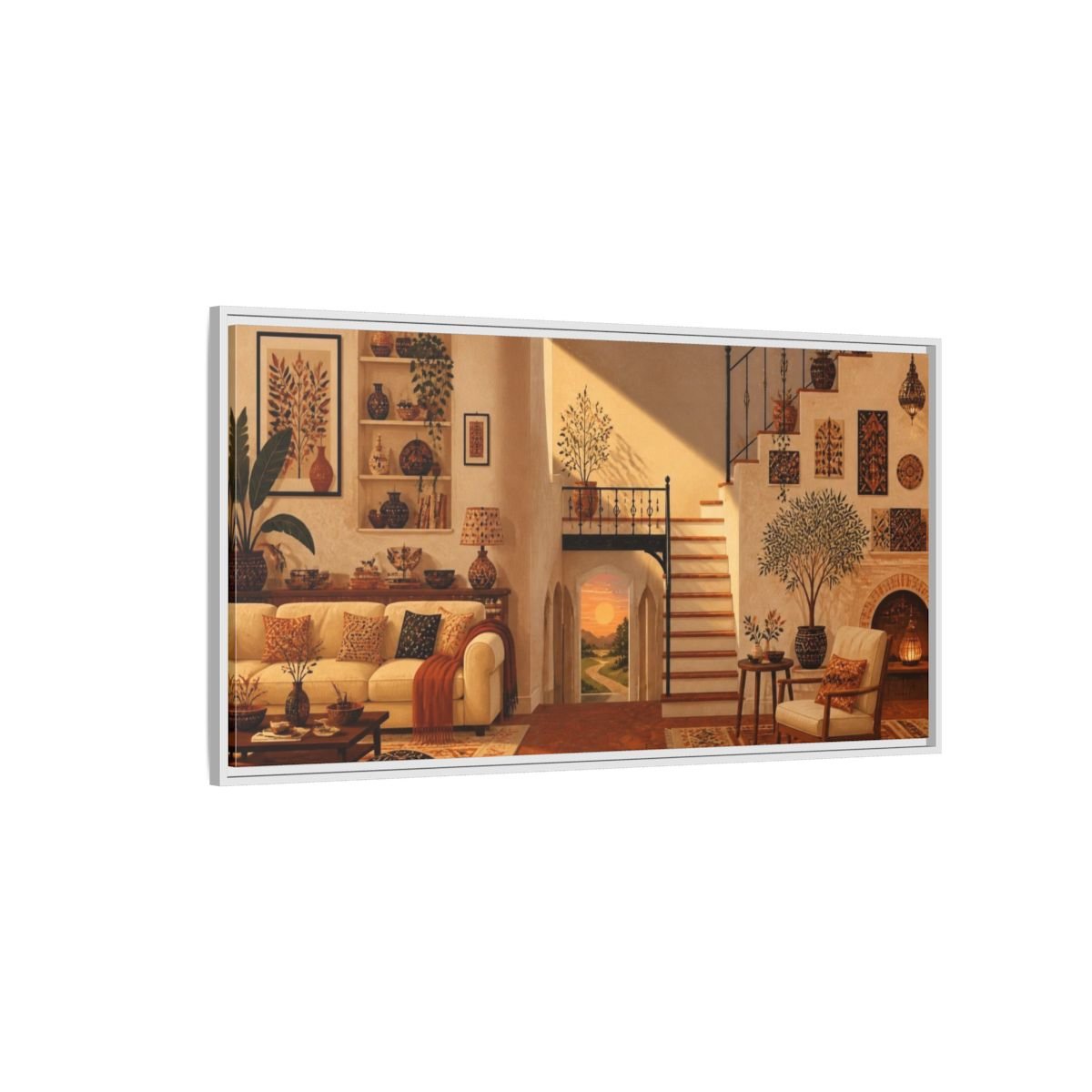 Sunlit Living Room Staircase Framed Canvas Print – Above Console Table - YesArtYes