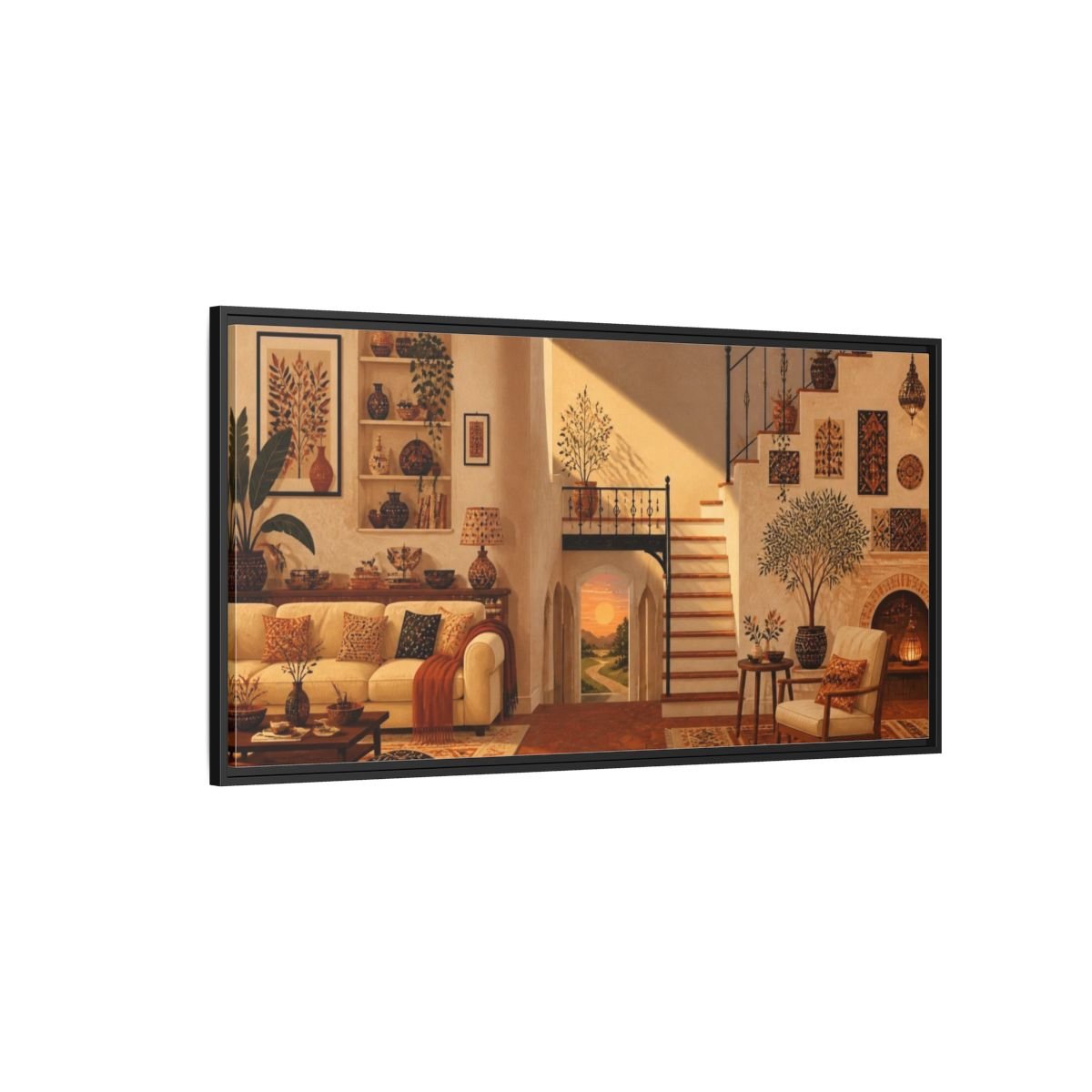 Sunlit Living Room Staircase Framed Canvas Print – Above Console Table - YesArtYes