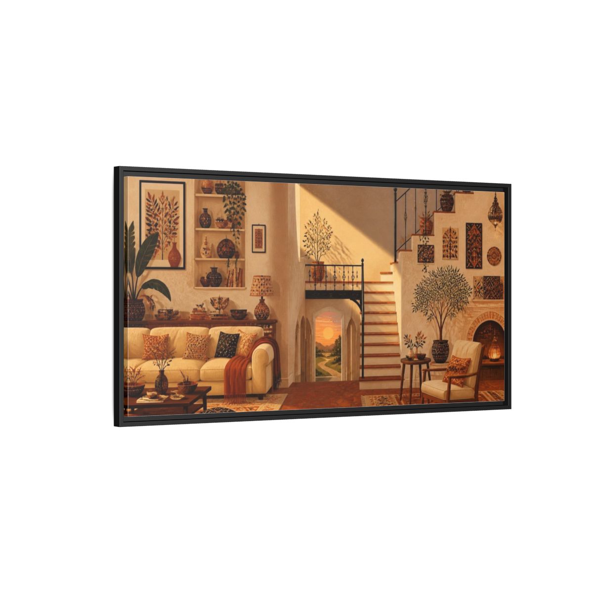 Side Mockup 5. Sunlit Living Room Staircase shown as framed canvas print