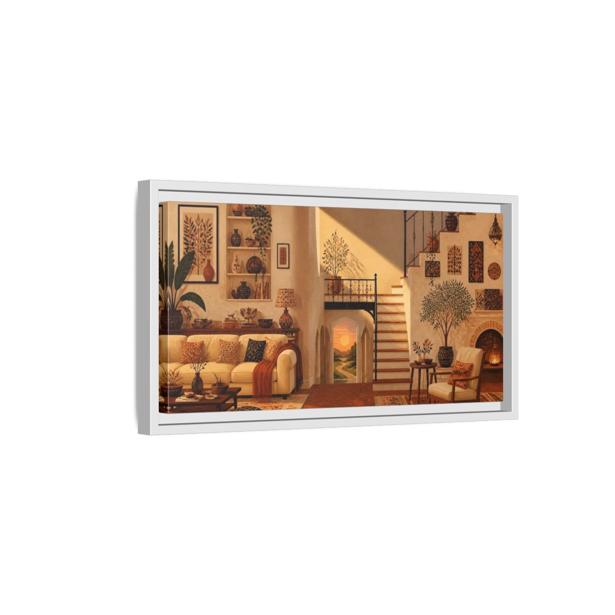 Side Mockup 6. Sunlit Living Room Staircase shown as framed canvas print