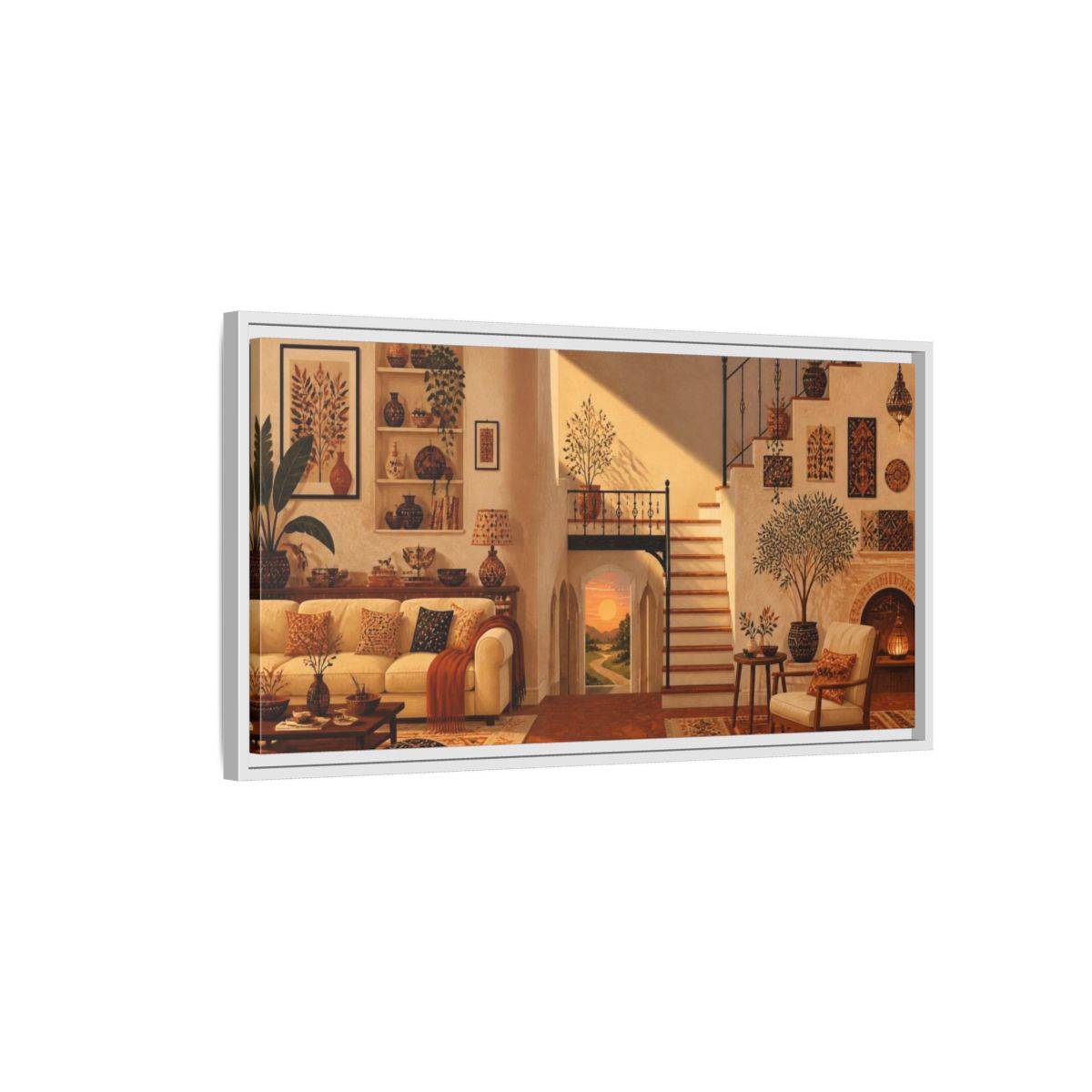 Side Mockup 1. Sunlit Living Room Staircase shown as framed canvas print