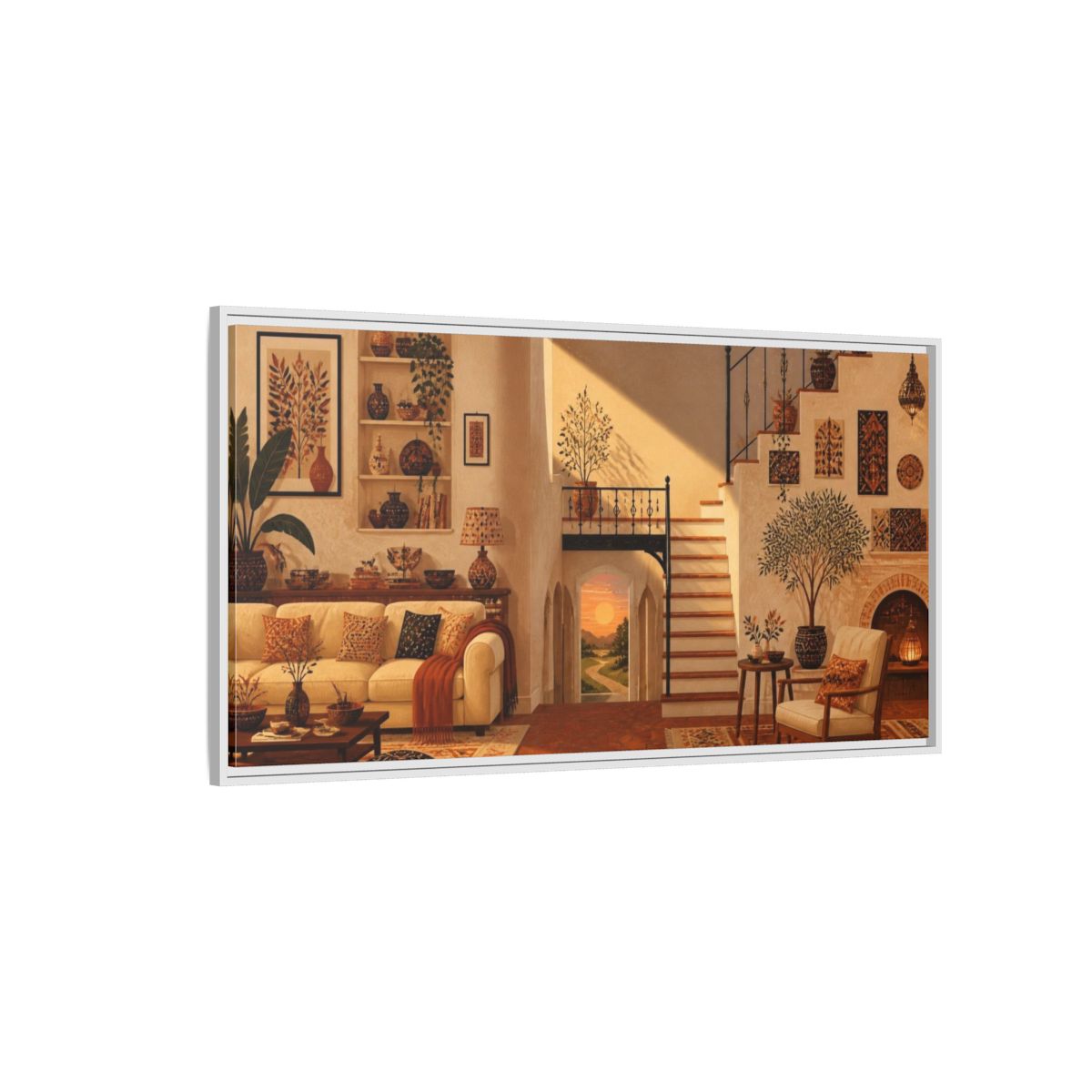 Side Mockup 3. Sunlit Living Room Staircase shown as framed canvas print