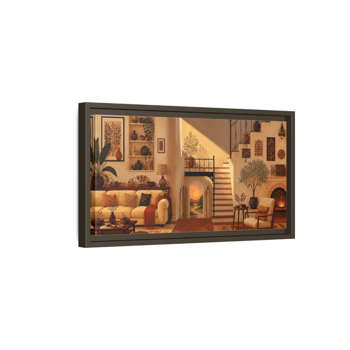 Side Mockup 7. Sunlit Living Room Staircase shown as framed canvas print
