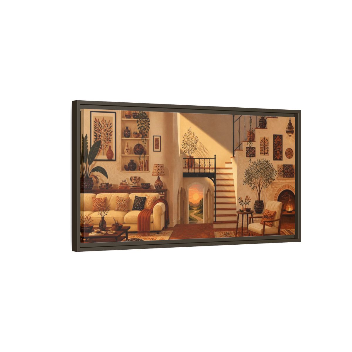 Main Mockup. Sunlit Living Room Staircase shown as framed canvas print