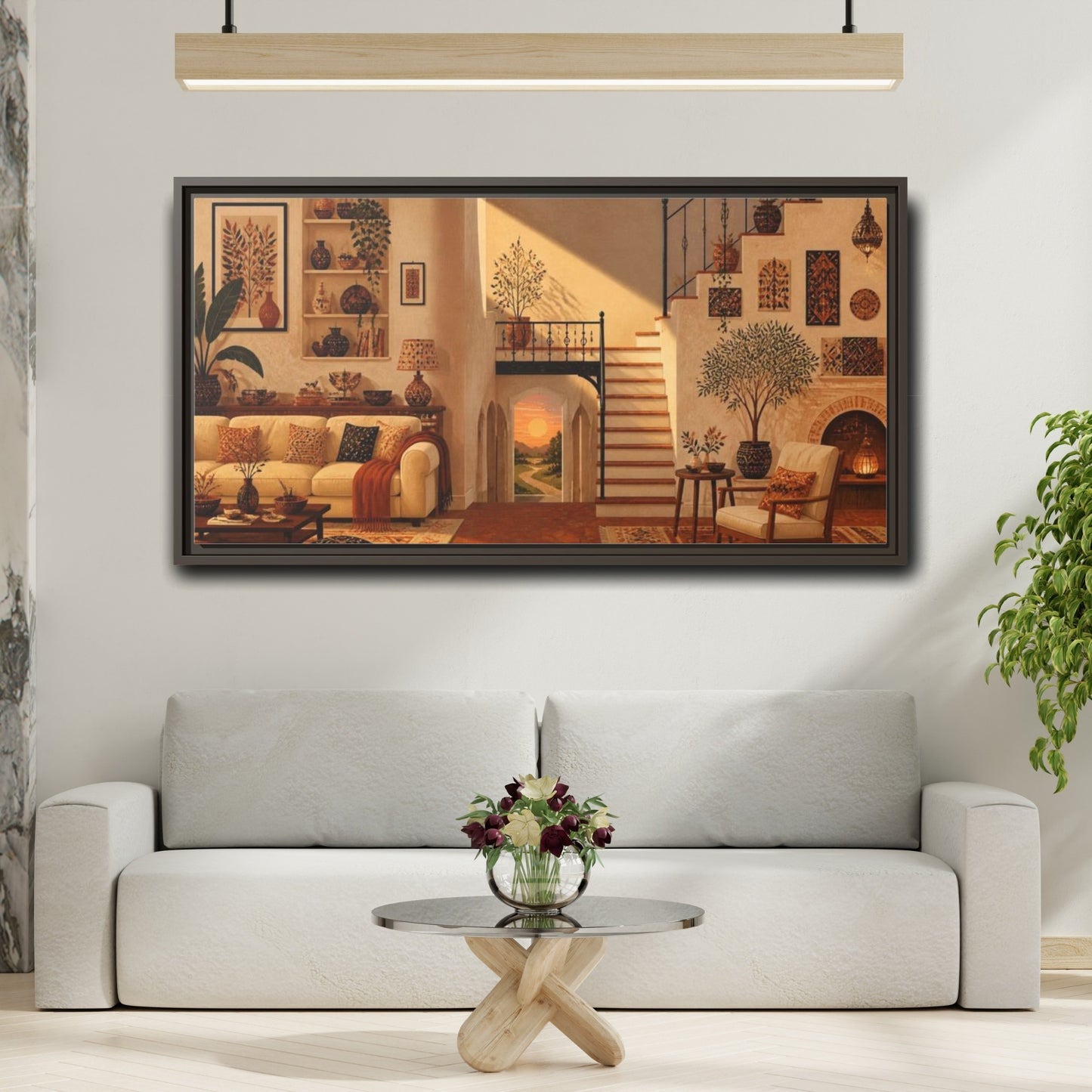 Mockup 2. Sunlit Living Room Staircase shown as framed canvas print
