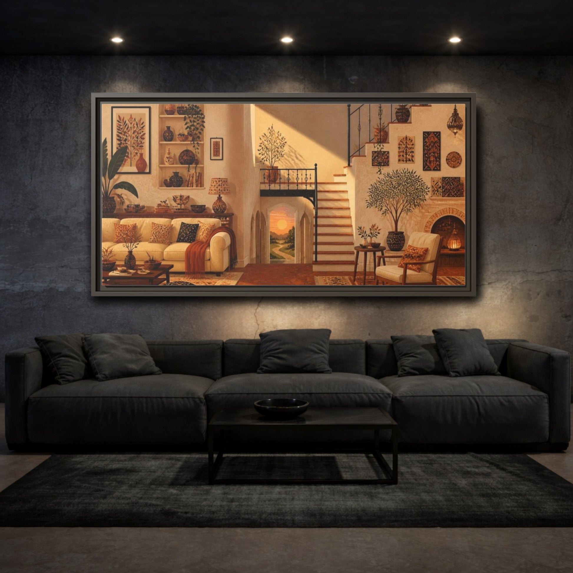 Mockup 3. Sunlit Living Room Staircase shown as framed canvas print