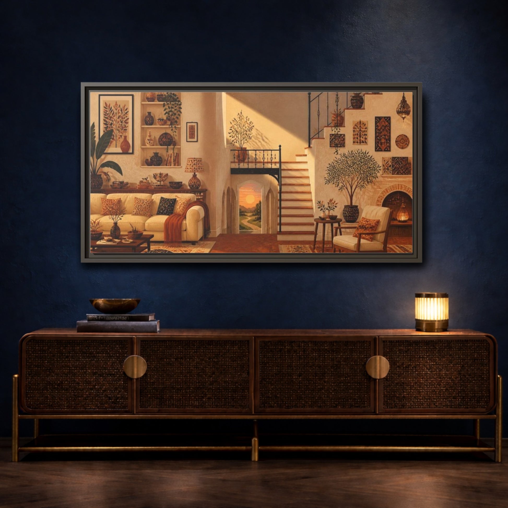 Mockup 4. Sunlit Living Room Staircase shown as framed canvas print