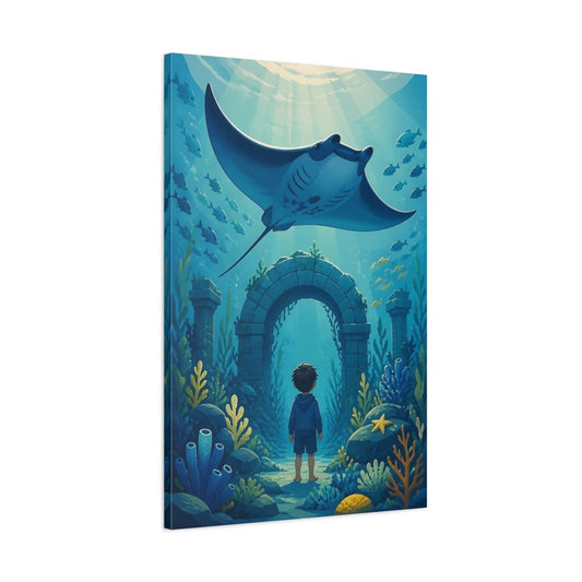 Sunlit Manta Over Ruins Canvas Print – Kids Room Wall, Ocean Blue - YesArtYes