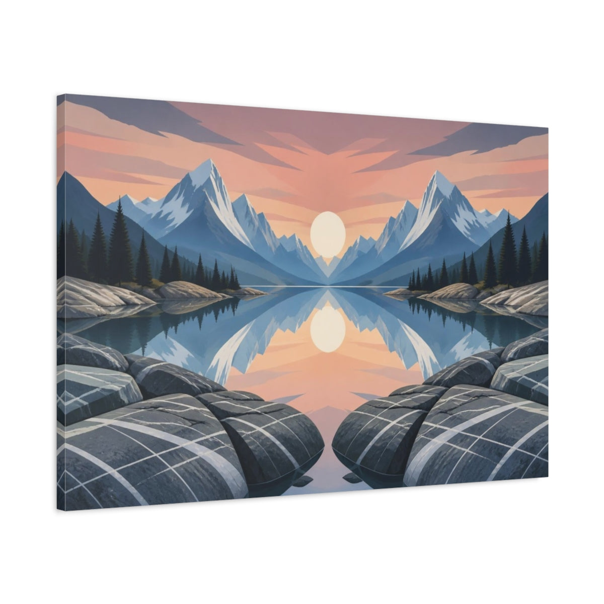 Main Mockup. Sunlit Mountain Lake Reflection shown as canvas print