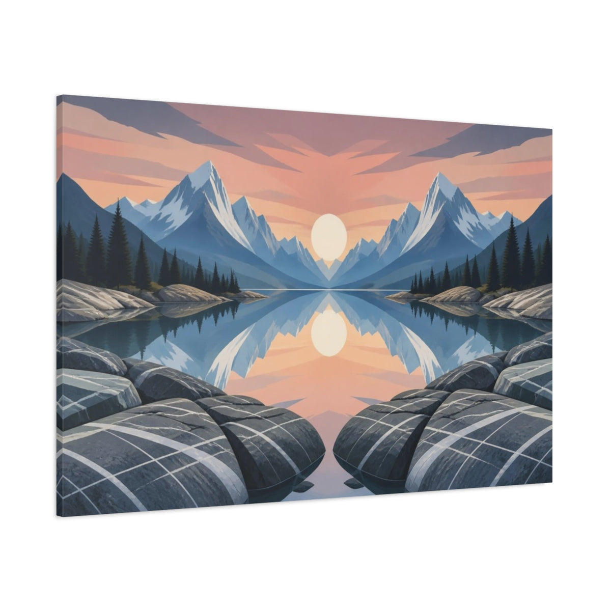 Side Mockup 1. Sunlit Mountain Lake Reflection shown as canvas print
