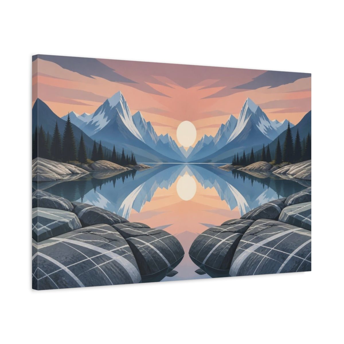 Side Mockup 2. Sunlit Mountain Lake Reflection shown as canvas print