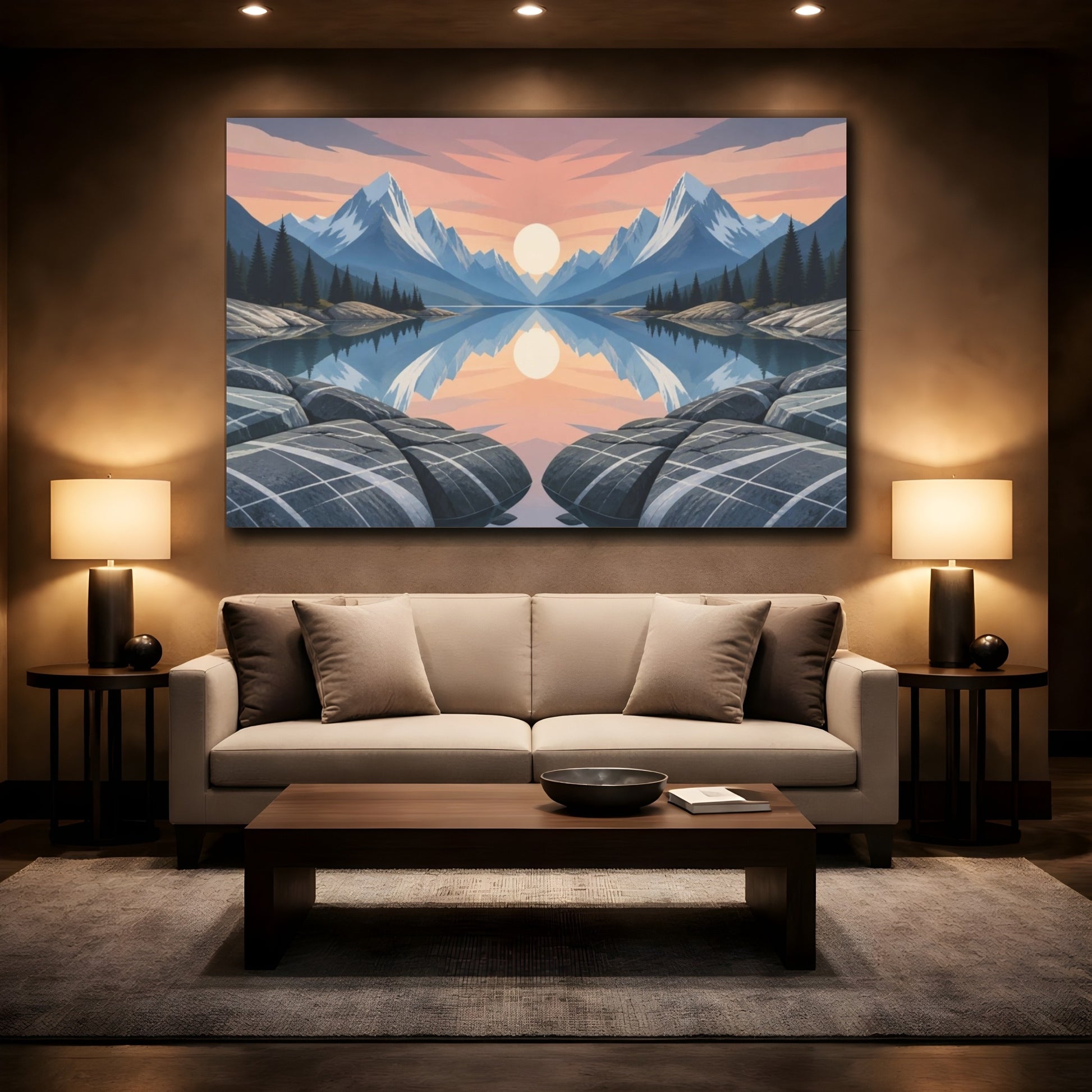 Mockup 2. Sunlit Mountain Lake Reflection shown as canvas print