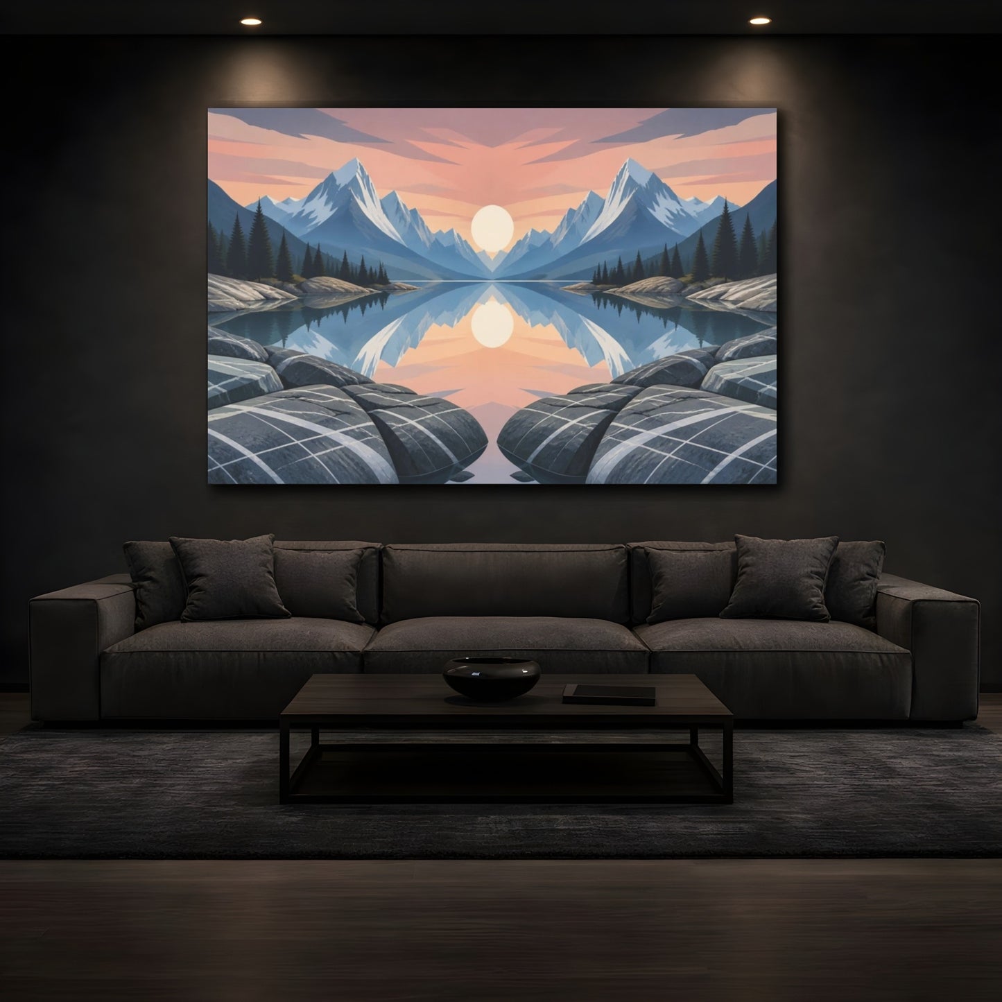 Mockup 3. Sunlit Mountain Lake Reflection shown as canvas print