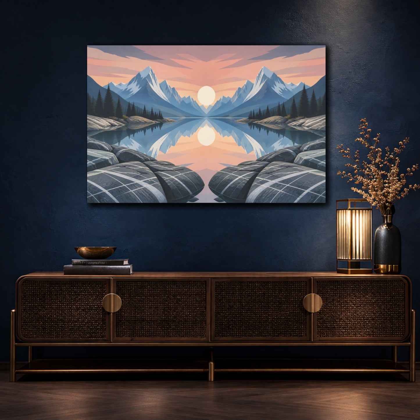 Mockup 4. Sunlit Mountain Lake Reflection shown as canvas print