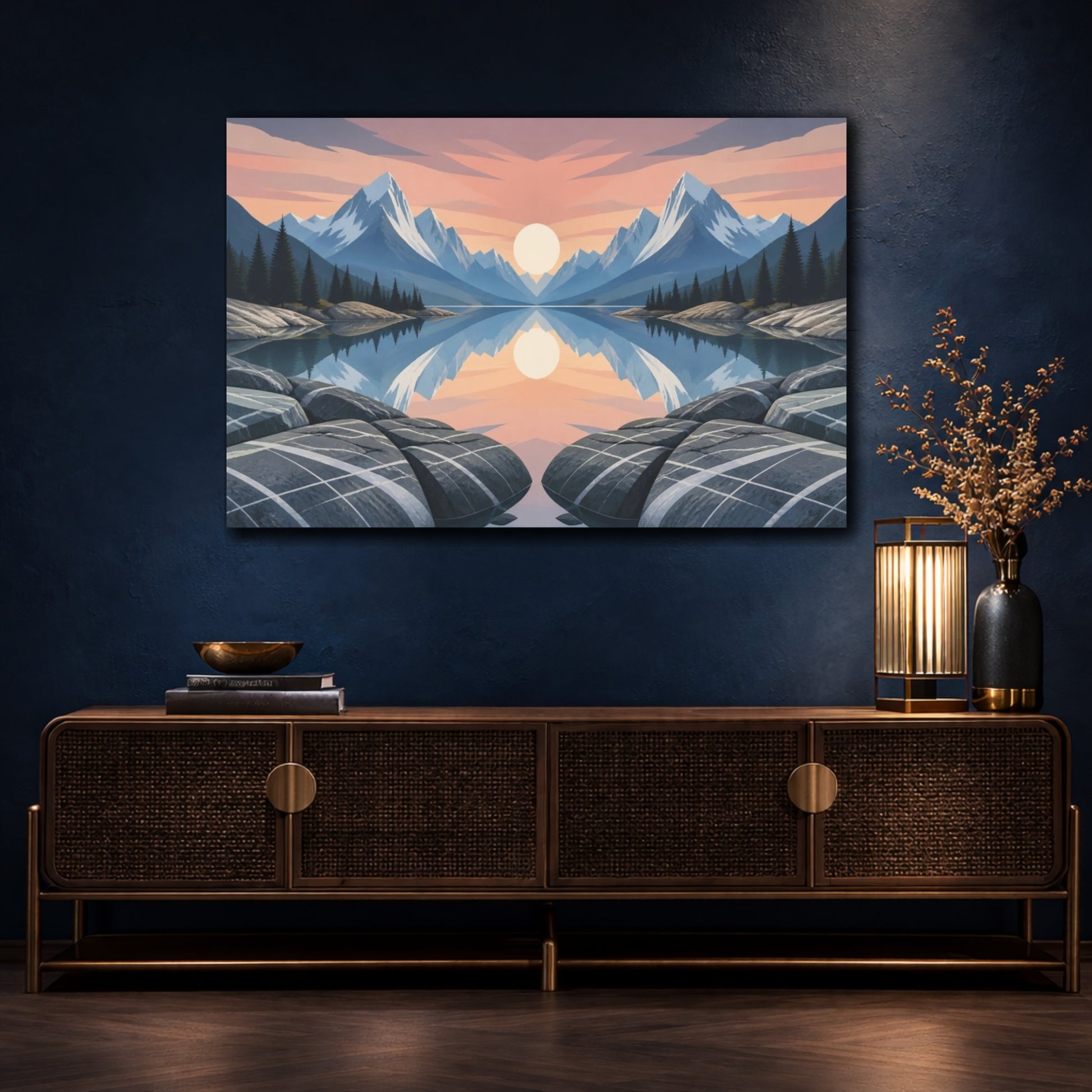 Mockup 4. Sunlit Mountain Lake Reflection shown as canvas print