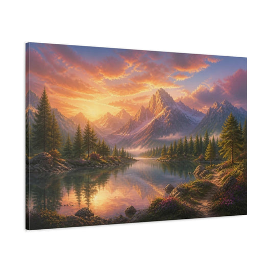 Main Mockup. Sunlit Mountain Lake Retreat shown as canvas print