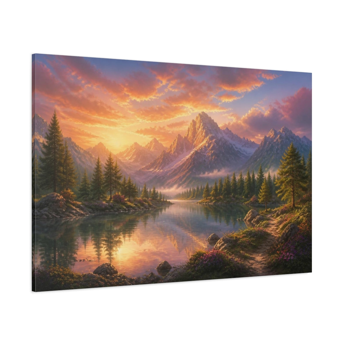 Side Mockup 1. Sunlit Mountain Lake Retreat shown as canvas print