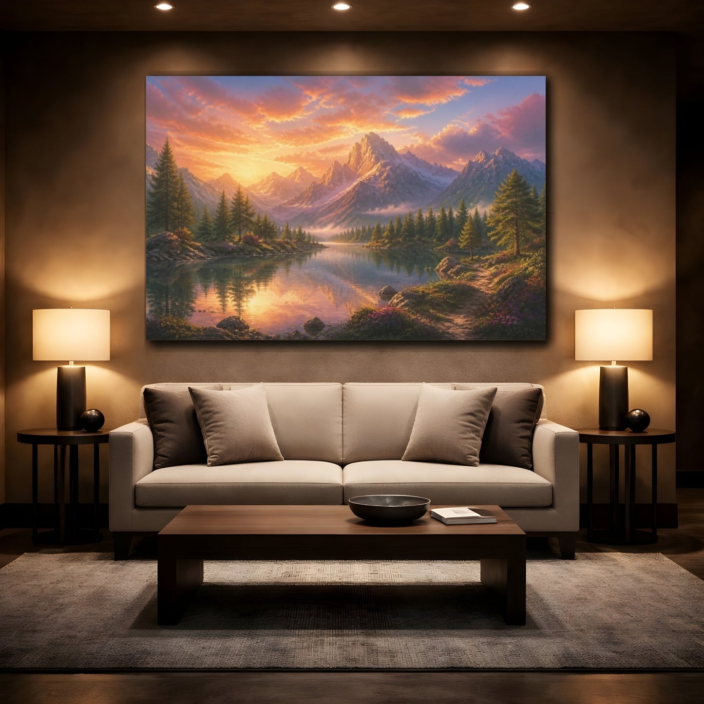 Mockup 2. Sunlit Mountain Lake Retreat shown as canvas print