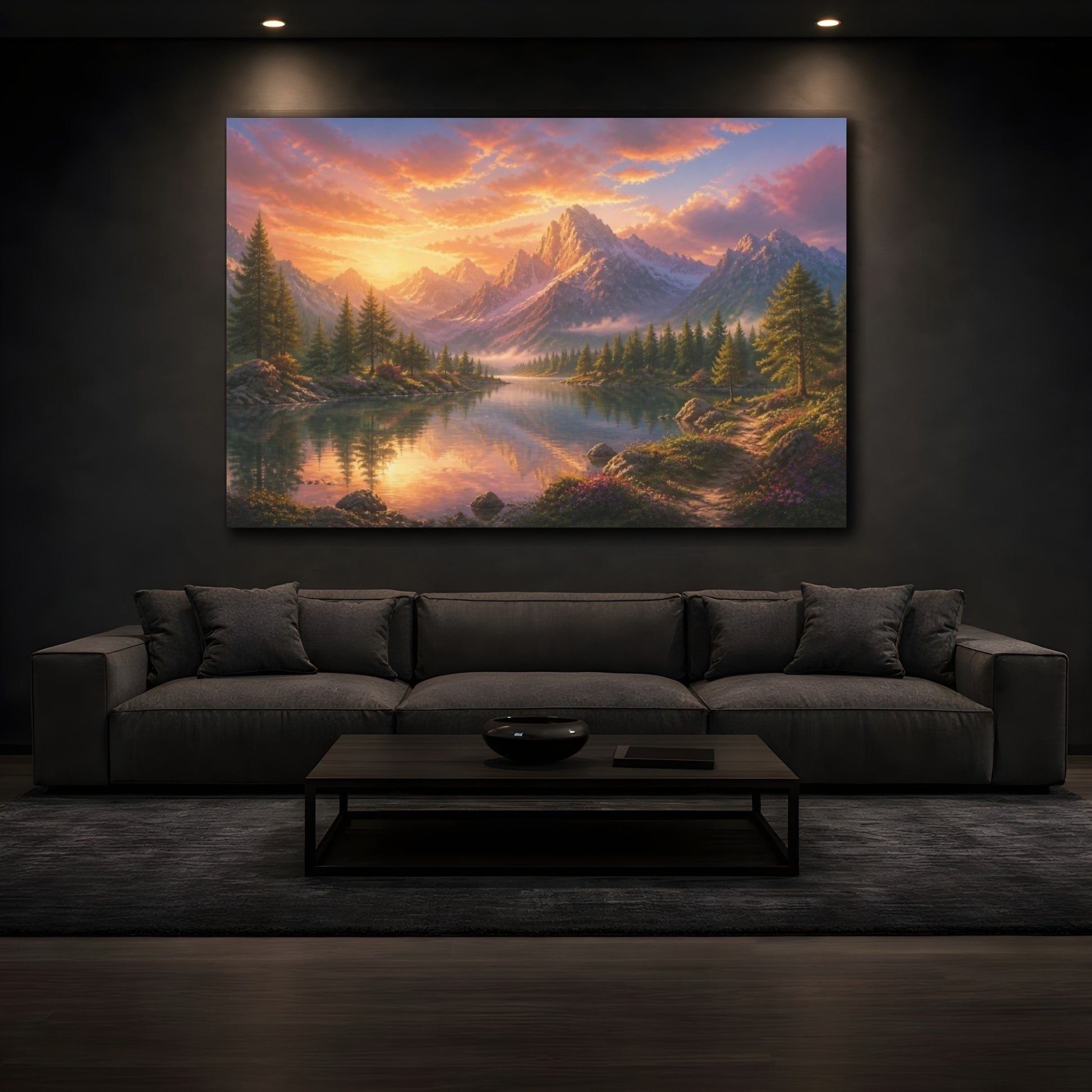 Mockup 3. Sunlit Mountain Lake Retreat shown as canvas print
