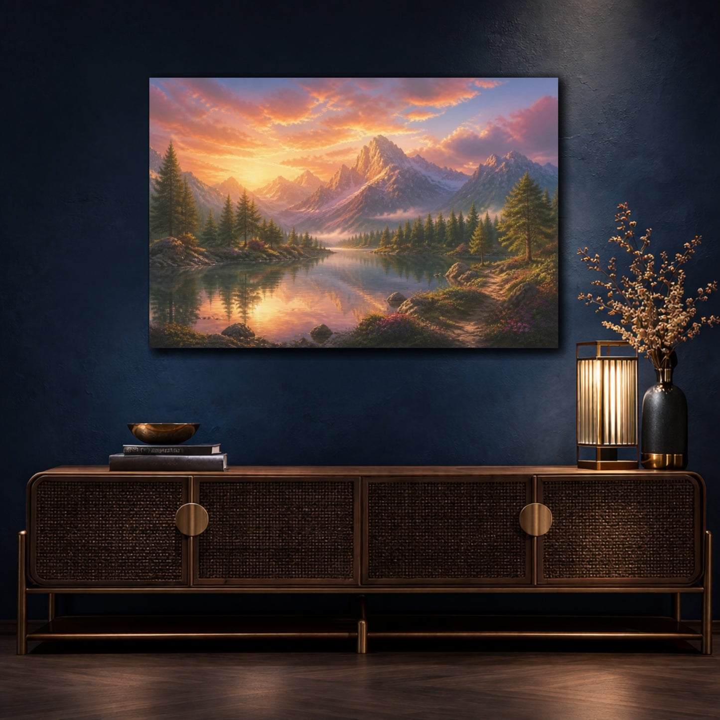 Mockup 4. Sunlit Mountain Lake Retreat shown as canvas print