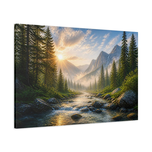 Main Mockup. Sunlit Mountain Landscape shown as canvas print