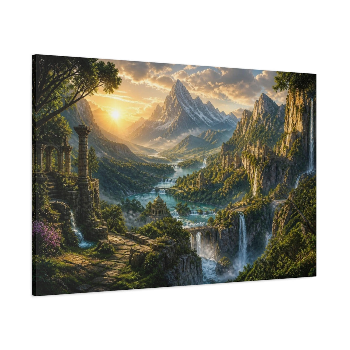 Side Mockup 1. Sunlit Mountain Landscape shown as canvas print