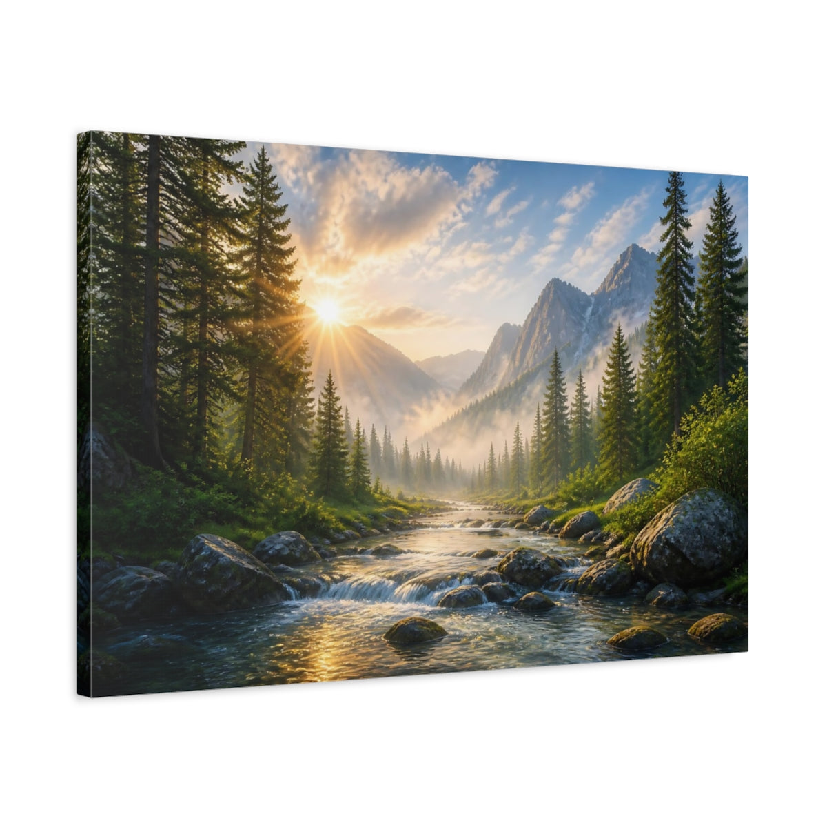 Side Mockup 2. Sunlit Mountain Landscape shown as canvas print