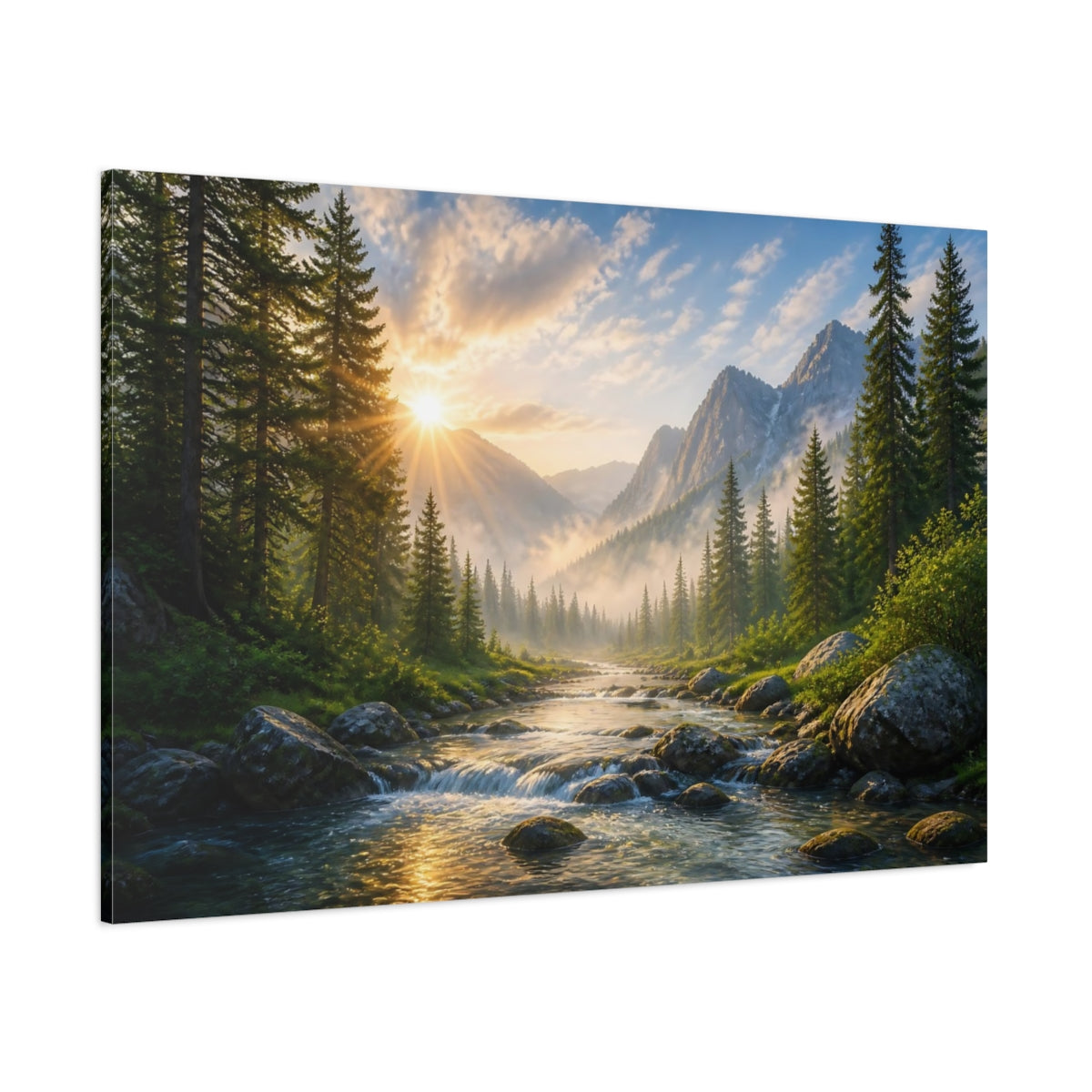Side Mockup 1. Sunlit Mountain Landscape shown as canvas print