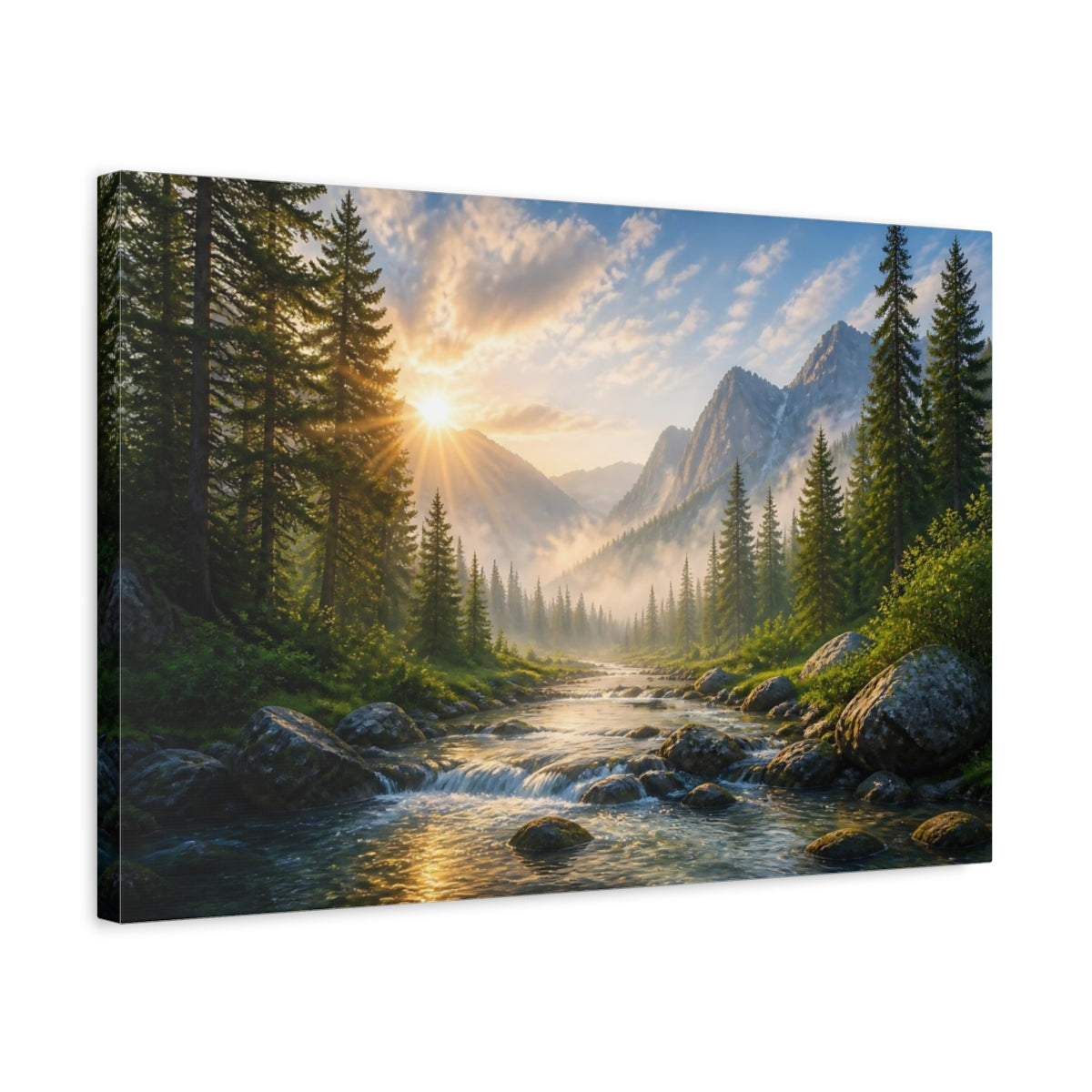 Side Mockup 3. Sunlit Mountain Landscape shown as canvas print