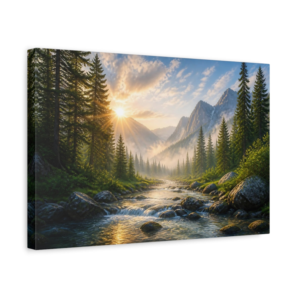 Side Mockup 4. Sunlit Mountain Landscape shown as canvas print
