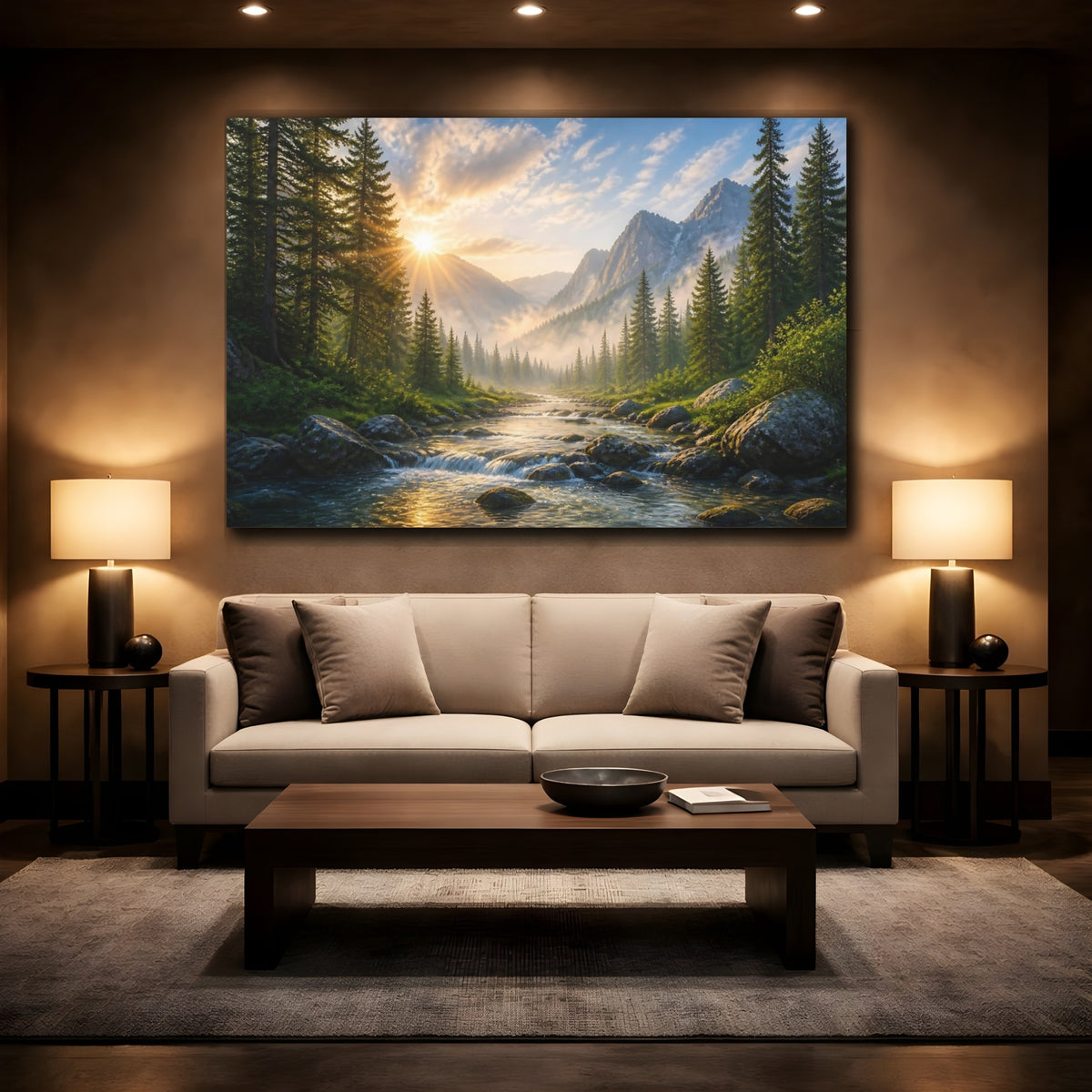 Mockup 2. Sunlit Mountain Landscape shown as canvas print
