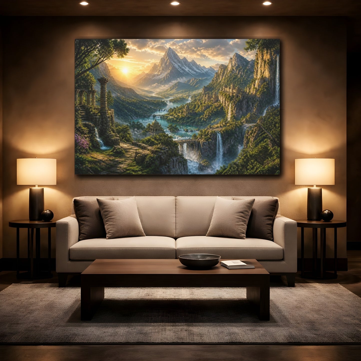 Mockup 2. Sunlit Mountain Landscape shown as canvas print