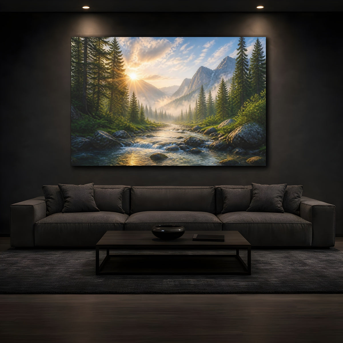 Mockup 3. Sunlit Mountain Landscape shown as canvas print