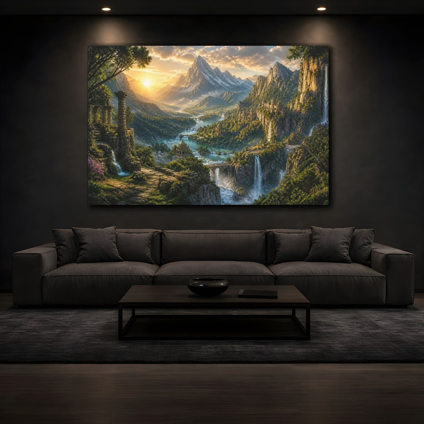 Mockup 3. Sunlit Mountain Landscape shown as canvas print